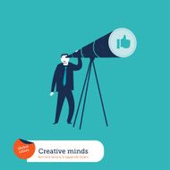 Businessman with telescope watching an I like hand