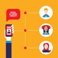 Hands holding phone with avatar web icons