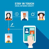 Hand touching tablet screen with web icons Social network
