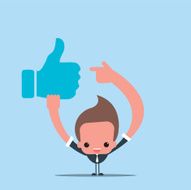Character pointing to thumbs up symbol