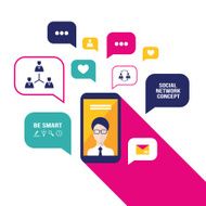 Smart phone with avatar on its screen and speech bubbles