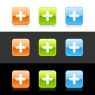 Plus sign square icon orange green blue button shadow reflection