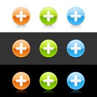 Plus sign circle icon orange green blue button shadow reflection