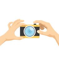 Hands hold camera and taking photo selfie flat illustration concept