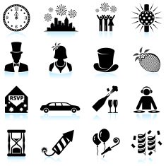 New Year party celebration black & white vector icon set