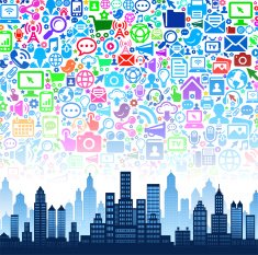 City Buildings on Modern Tech & Communication Background N3