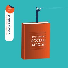Businessman on a social media book with spyglass