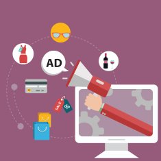 Megaphone with cloud of colorful application icons on media theme