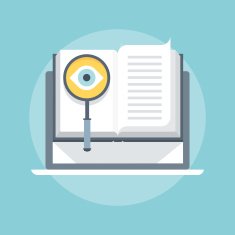 Open book and magnifying glass flat style colorful vector icon