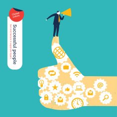 Ok hand with gears and icons businessman megaphone