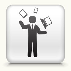 Square Button with Businessman & Technology Communication