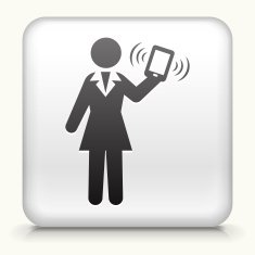 Square Button with Businesswoman on Tablet