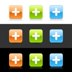 Plus sign square icon orange green blue button shadow reflection