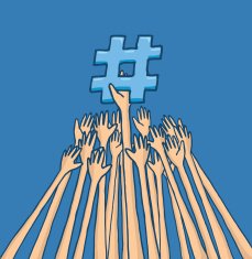 Hands struggling to reach trending topic hashtag