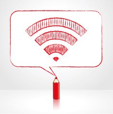 Red Pencil Drawing Digital WiFi Icon in Rectangular Speech Bubble N2