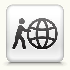 Square Button with Stick Figure Pushing Globe