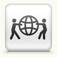 Square Button with Stick Figures Holding Globe N2