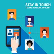 Hand touching tablet screen with web icons of avatar contacts