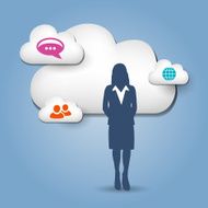 Business man and cloud computing illustration with various communication icons N5