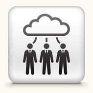 White drawn button depicting a cloud above three suited men