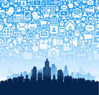 City skyline panoramic on Communication &amp; Modern Tech Icon Pattern