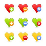 Heart icon set circle buttons plus minus delete white background