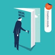 Businessman opening a book door to socia lmedia