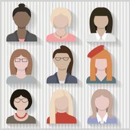 Multi Cultural Businesswomen and Girls Female Flat Icons with Shadows