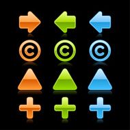 Arrow copyright plus triangular pin sign glass button web icon