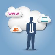 Business man and cloud computing illustration with various communication icons N6