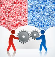 Red and blue characters operating computer gears