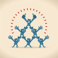 Human Pyramid with thumbs up One businessman stands on coworker