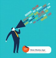 Businessman with megaphone speaking new media tags