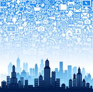City Buildings on Modern Tech &amp; Communication Background N9