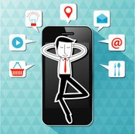 Vector of businessman lie on smartphone with application icon