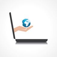 hand holding earth icon comes from laptop screen