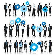 Business people holding gear bubble N2