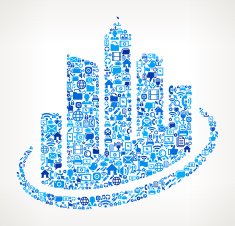 City Buildings on vector technology pattern Background