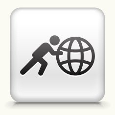 Square Button with Stick Figure Pushing Globe N3
