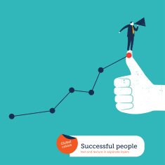 Businessman with megaphone on I like hand ascending chart