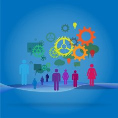 People with gear wheels and speech bubbles