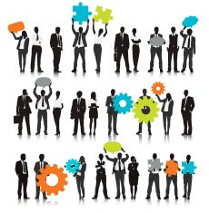 Vector of Business People Holding Gear and Speech Bubble N2