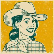 Retro Screen Print Smiling Cowgirl Line Art Illustration