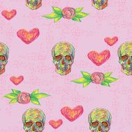 Seamless pattern with skulls hearts and flowers