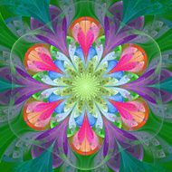 Symmetrical pattern in stained-glass window style Green blue and pink