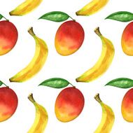 Watercolor seamless pattern with fruits mango bananas leafs