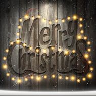 Christmas Background with lights and snow on wooden Wall