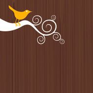 Wake up yellow bird on branch wood grain background