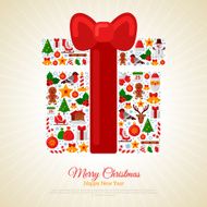 Christmas Gift Assembled from Icons with Red Ribbon Bow