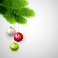 Vector Green Pine branches with white red and gold balls
